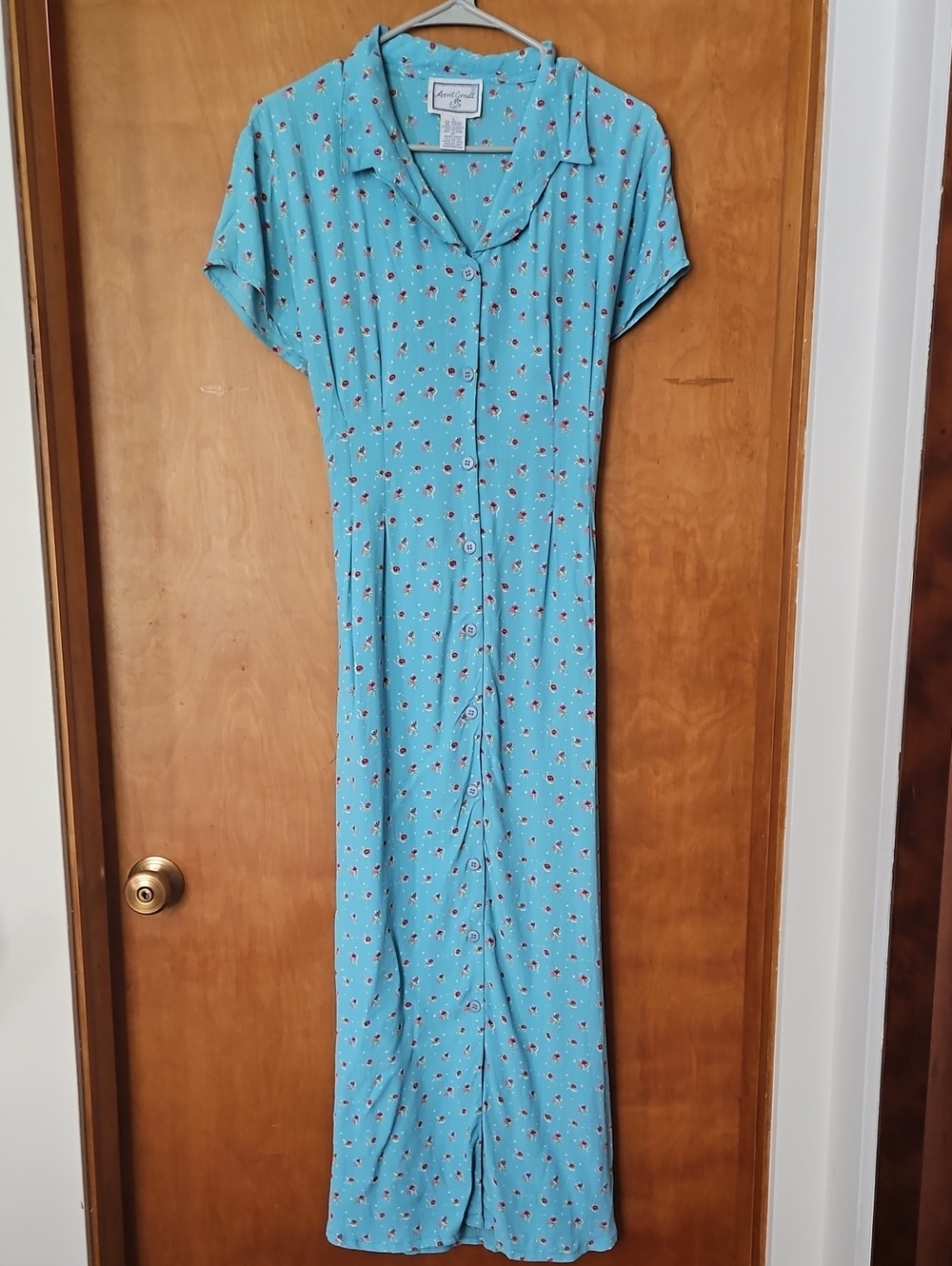 Vintage 100% Rayon Blue Floral Button-Front Maxi Dress